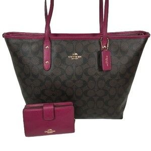 Coach Signature City Zip Tote Purse Brown Magenta Purple w/ Clutch Wallet F36876